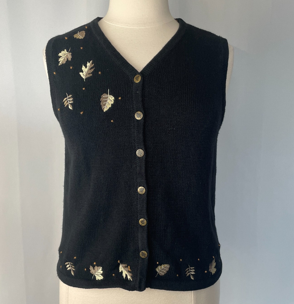 Christopher & Banks Sweater Vest Large Black Tan Embroidered Knit Leaf Fall Vtg